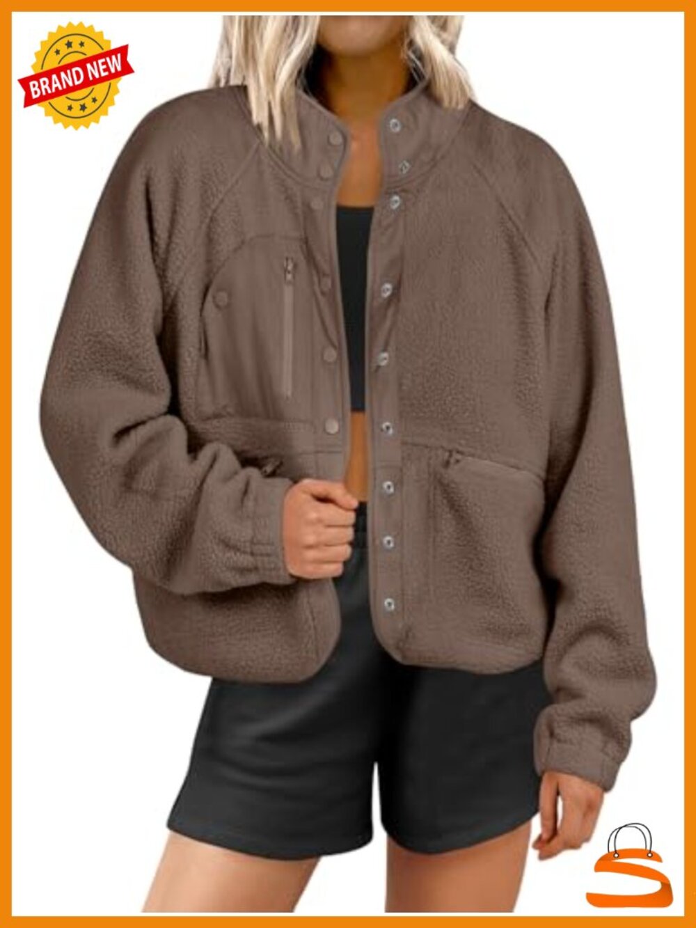 Womens Fuzzy Fleece Button Down Cropped Sherpa Coat Long Sleeve Pockets
